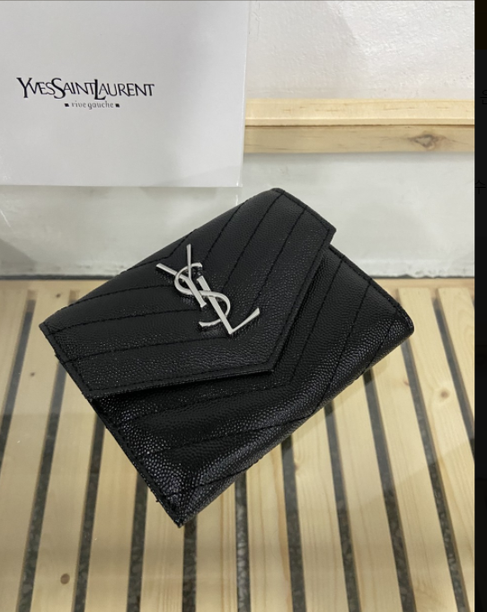 입생로랑 [ SAINT LAURENT ] 컴팩트 3단 모노그램 은장 반지갑